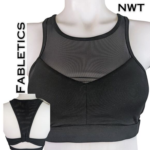 NEW Fabletics Megan Sports Bra Medium Black Racerback Mesh Medium Impact Wicking - Picture 1 of 8